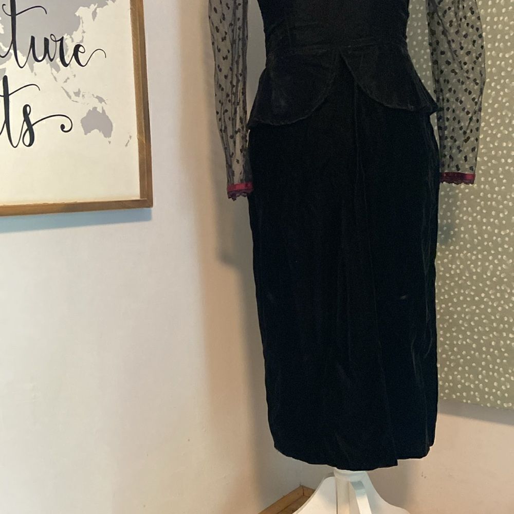 Gunne Sax Black Velvet Vintage Polka Dot Lace Goth Emo Peplum Mini Dress Size 5 - Picture 5 of 11